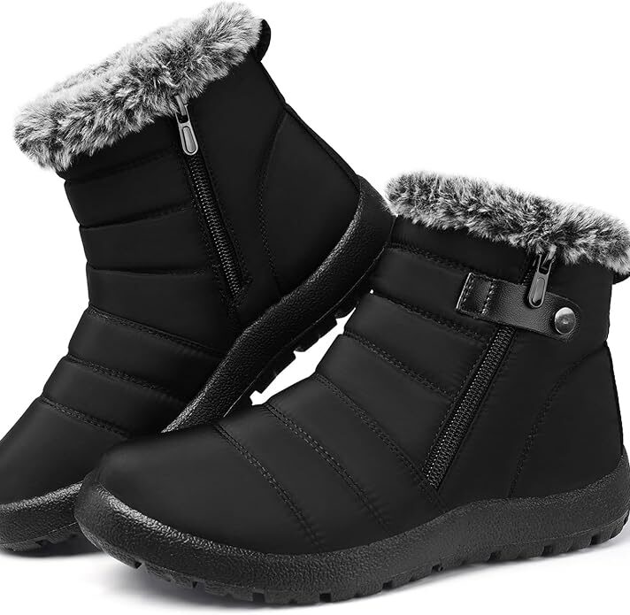 Women Winter Snow Boots: Black Waterproof Walking Booties Non Slip Fur Lined Warm Outdoor Ankle Short Boot