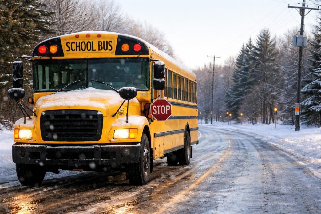 Yellow school bus on icy road