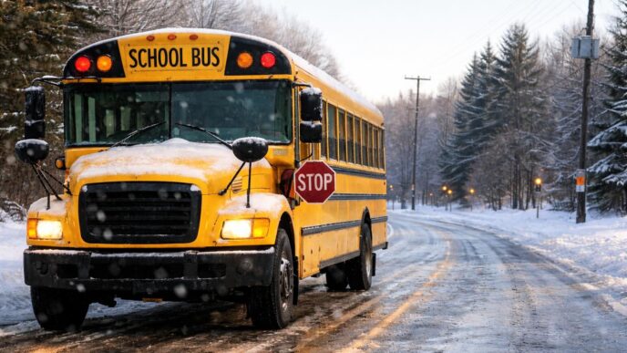 Yellow school bus on icy road